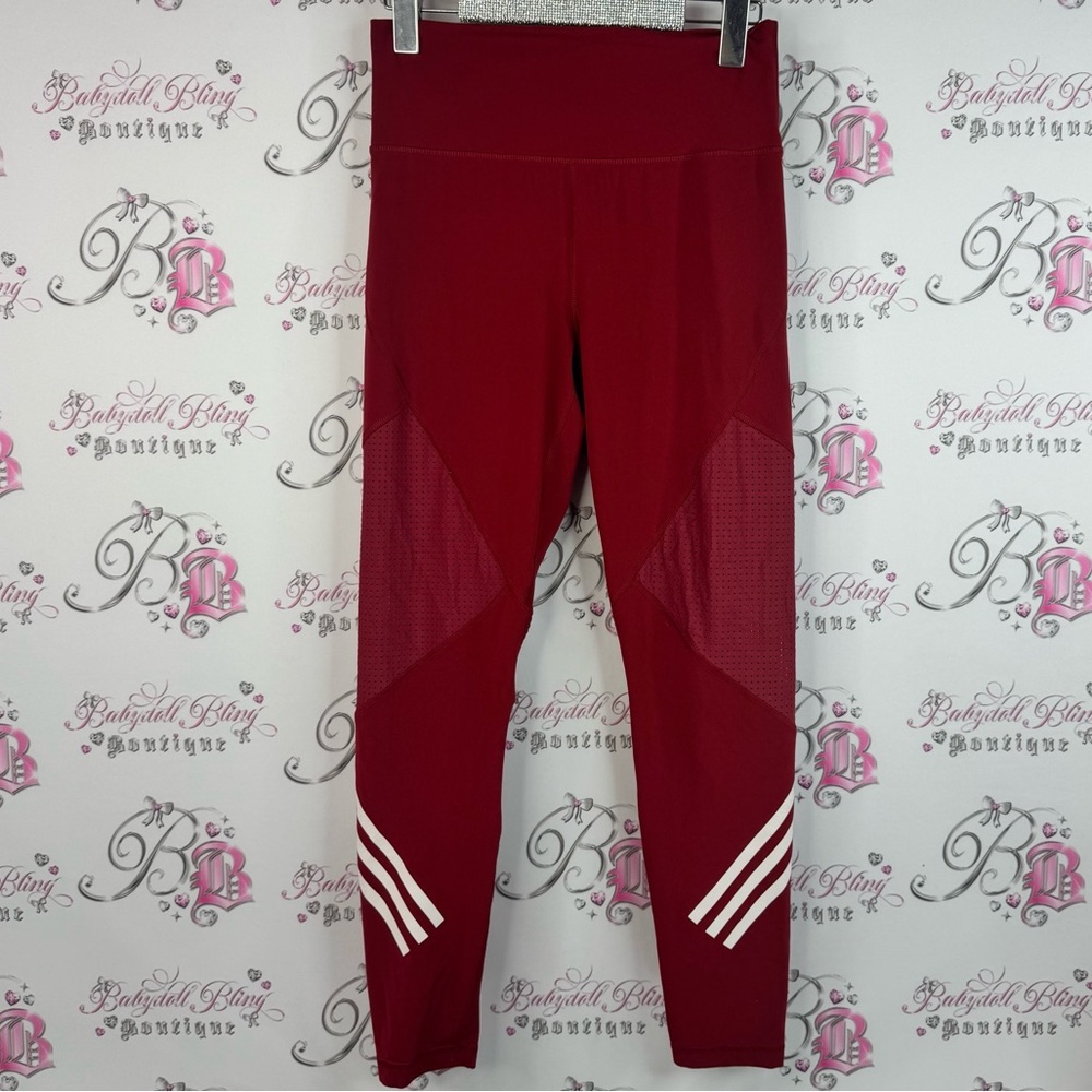 adidas tights leggings stripes white logo stretchy Women's Burgundy running